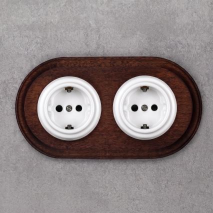 Elhard - Dobbelt keramisk retro-stikkontakt til hjemmet med ramme SCHUKO 230V hvid/mørkt træ