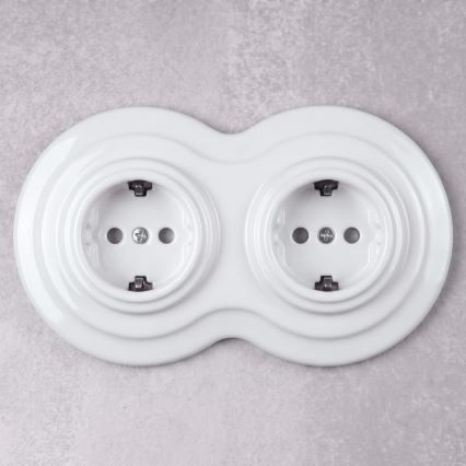 Elhard - Dobbelt keramisk retro stikkontakt til hjemmet med ramme SCHUKO 230V hvid