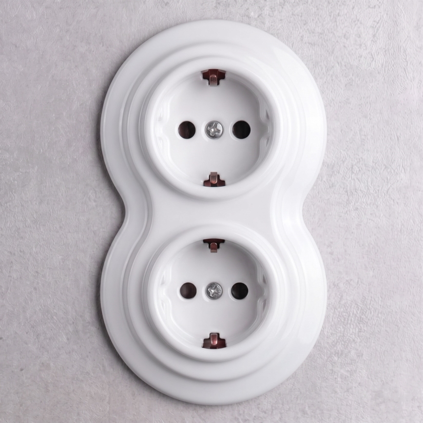 Elhard - Dobbelt keramisk retro stikkontakt til hjemmet med ramme SCHUKO 230V hvid