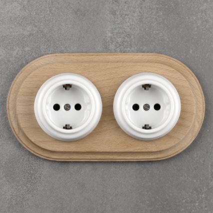 Elhard - Dobbelt keramisk retro stikkontakt med ramme SCHUKO 230V hvid/lyst træ
