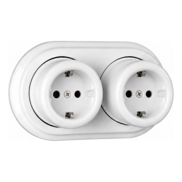 Elhard - Dobbelt vægmonteret keramisk retro-stikkontakt med ramme SCHUKO 230V hvid