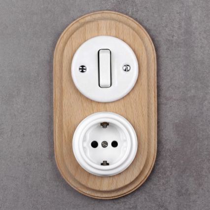 Elhard - Keramisk retroafbryder nr. 1 og 230 V-stikkontakt med SCHUKO-ramme, hvid/lyst træ