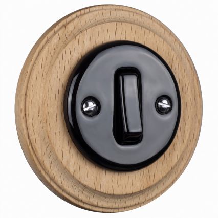 Elhard - Keramisk retro enkel afbryder med ramme nr. 1, sort/lyst træ