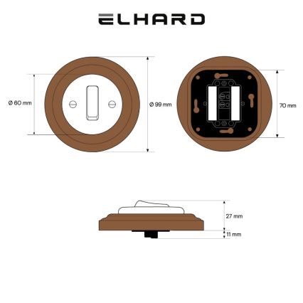 Elhard - Keramisk retro enkel afbryder med ramme nr. 1 sort/mørkt træ