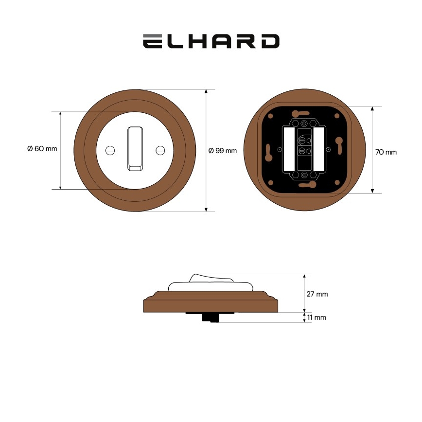 Elhard - Keramisk retro enkelt afbryder med ramme č. 1 hvid/mørkt træ