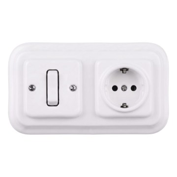 Elhard - Keramisk retro enkeltpolet afbryder nr. 1 og SCHUKO-stikkontakt 230V med ramme i hvid