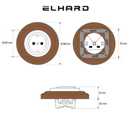 Elhard - Keramisk retro stikkontakt til hjemmet med ramme SCHUKO 230V hvidt/mørkt træ