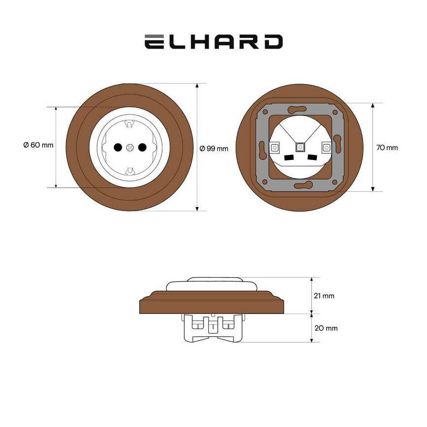 Elhard - Keramisk retro stikkontakt til hjemmet med ramme SCHUKO 230V hvidt/mørkt træ