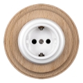 Elhard - Keramisk retro vægstikkontakt med SCHUKO-ramme 230V hvid/lyst træ