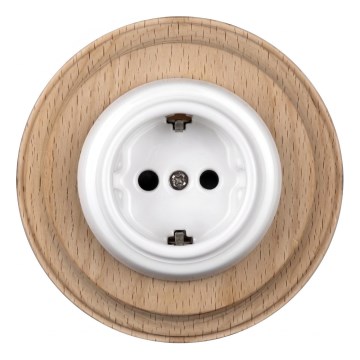 Elhard - Keramisk retro vægstikkontakt med SCHUKO-ramme 230V hvid/lyst træ
