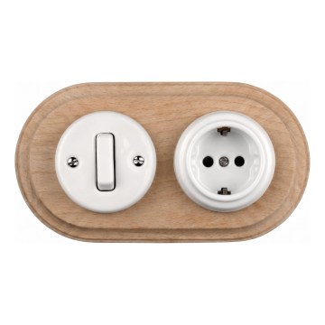Elhard - Keramisk retroafbryder nr. 1 og 230 V-stikkontakt med SCHUKO-ramme, hvid/lyst træ