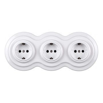 Elhard - Tredobbelt keramisk retro stikkontakt med ramme SCHUKO 230V hvid