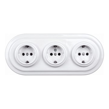 Elhard - Tredobbelt keramisk retro stikkontakt til boligen med ramme SCHUKO 230V hvid