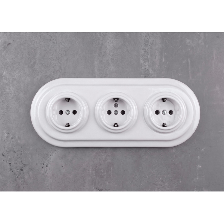 Elhard - Tredobbelt keramisk retro stikkontakt til boligen med ramme SCHUKO 230V hvid