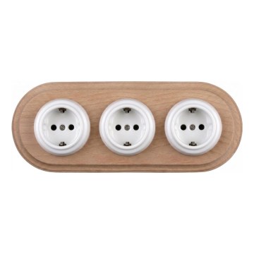 Elhard - Tredobbelt keramisk retro-stikkontakt til boligen med ramme SCHUKO 230V hvid/lyst træ