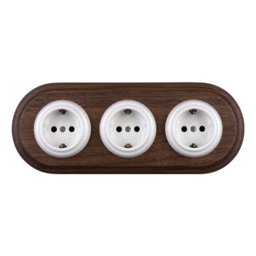 Elhard - Tredobbelt keramisk retro stikkontakt til hjemmet med ramme SCHUKO 230V hvid/mørkt træ