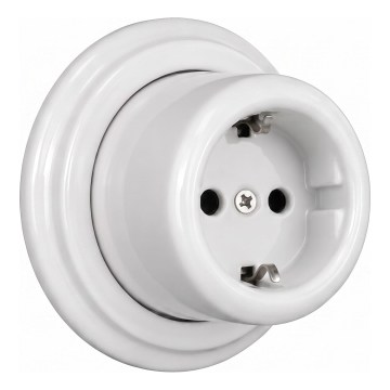 Elhard - Vægmonteret keramisk retro-stikkontakt til boligen med ramme, SCHUKO 230 V, hvid