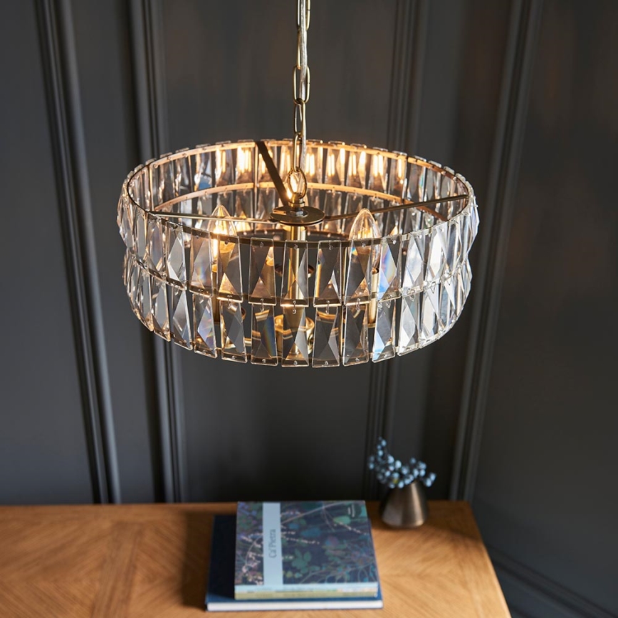 Endon 106243 - Kædeophængt lysekrone CLIFTON 3xE14/6W/230V Ø 38,5 cm messing/klar glas