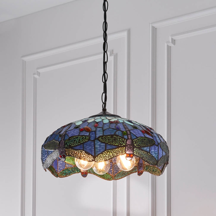 Endon 64080 - Tiffany DRAGONFLY lysekrone med kæde, 3xE27/60W/230V, Ø 41 cm