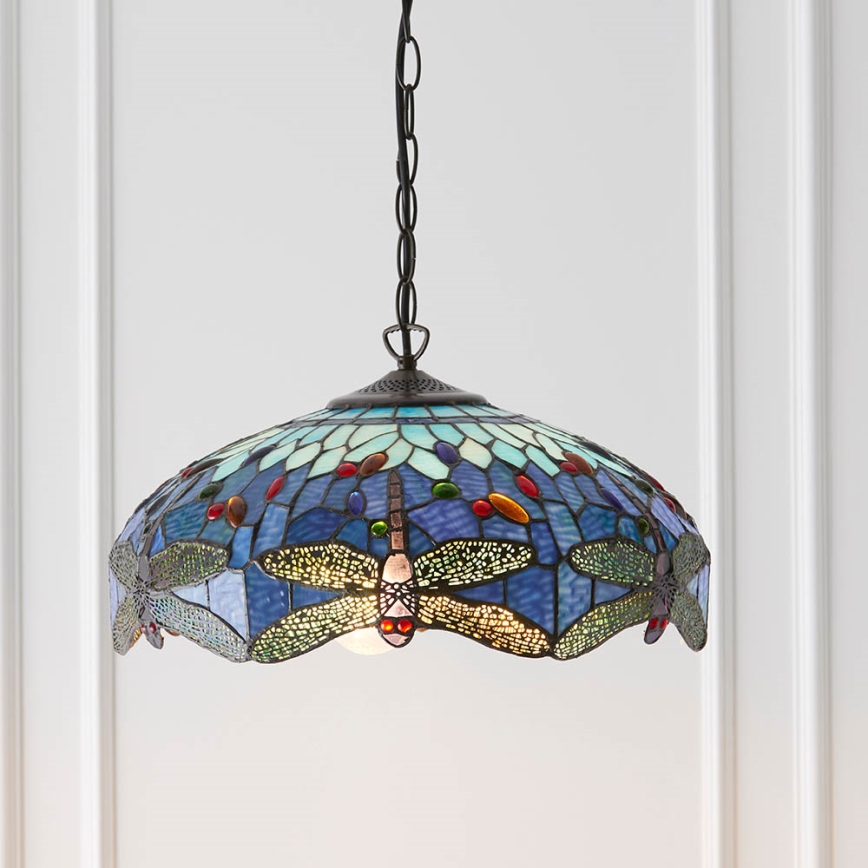 Endon 64080 - Tiffany DRAGONFLY lysekrone med kæde, 3xE27/60W/230V, Ø 41 cm