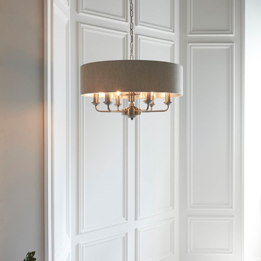 Endon 94357 - Lysekrone med kæde HIGHCLERE 6xE14/40W/230V Ø 55 cm beige/mat krom