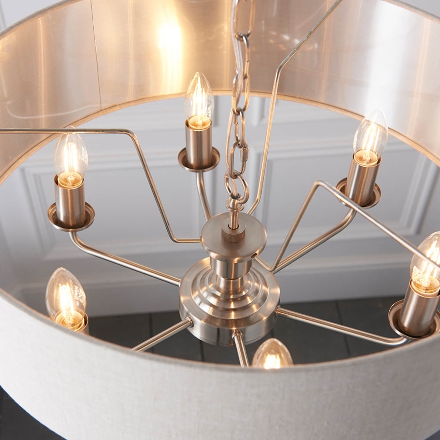 Endon 94357 - Lysekrone med kæde HIGHCLERE 6xE14/40W/230V Ø 55 cm beige/mat krom