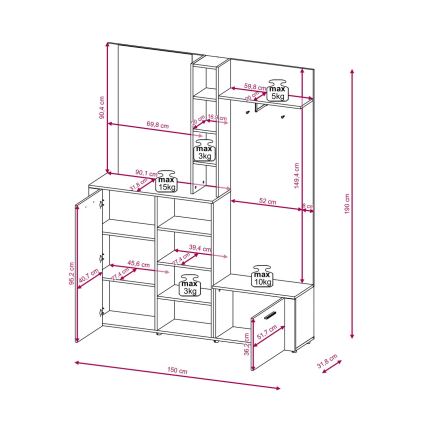 Entrévæg med spejl KEVIN brun/hvid