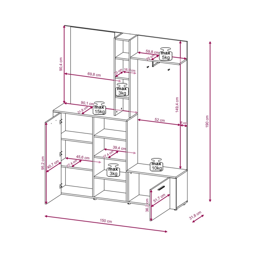 Entrévæg med spejl KEVIN brun/hvid