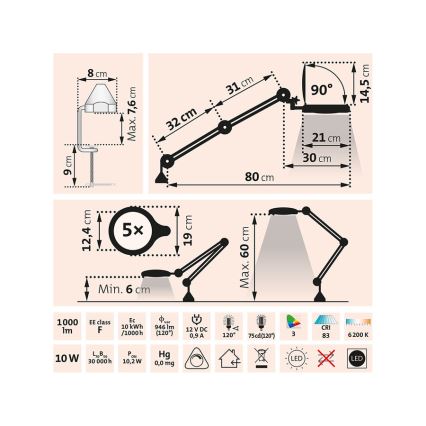Extol - LED dæmpbar skrivebordslampe med lup LED/10W/230V hvid