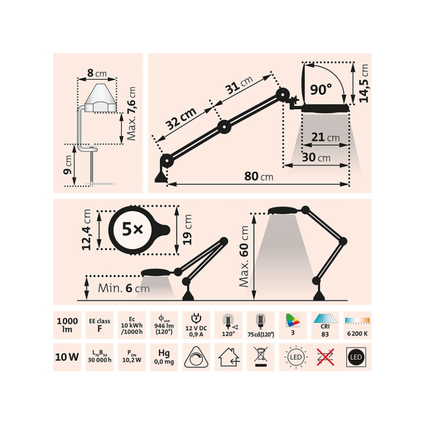 Extol - LED dæmpbar skrivebordslampe med lup LED/10W/230V hvid