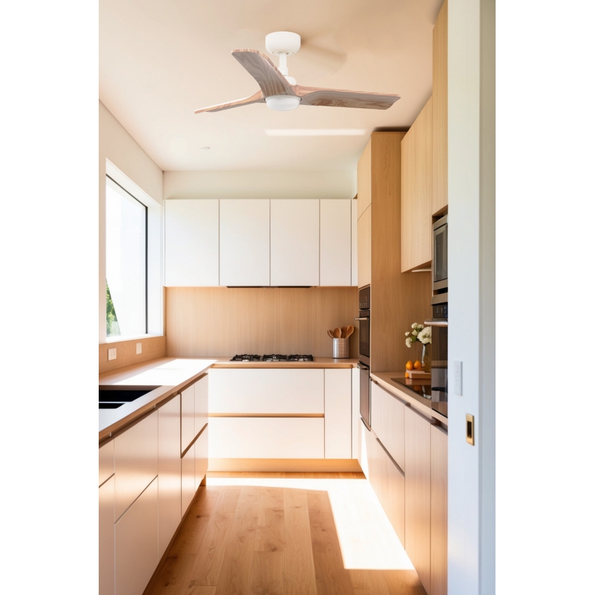 FARO 33805WT-1TW - Dæmpbar loftventilator HEYWOOD med LED/10W/230V 2700/3000/4000K træ/hvid Ø 90 cm Wi-Fi Tuya + fjernbetjening