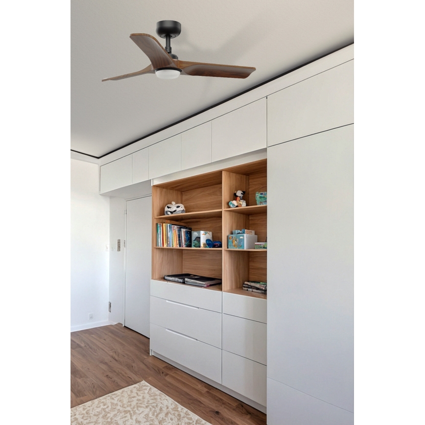 FARO 33806WT-1TW - LED loftventilator dæmpbar HEYWOOD S LED/10W/230V 2700/4000/6000K træ/sort diameter 90 cm Wi-Fi Tuya + fjernbetjening