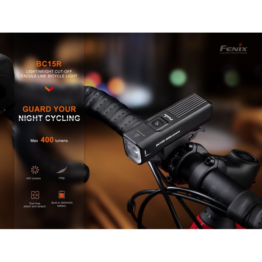 Fenix BC15R - Genopladelig LED cykellygte dæmpbar LED/USB IP66 400 skinnende 31,5 timer 2600 mAh