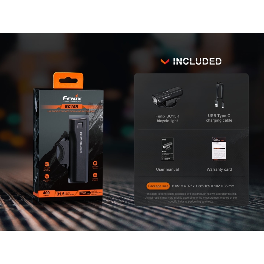 Fenix BC15R - Genopladelig LED cykellygte dæmpbar LED/USB IP66 400 skinnende 31,5 timer 2600 mAh
