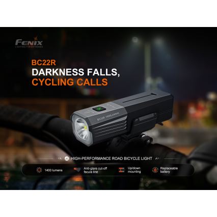 Fenix BC22R - Dæmpbar LED-genopladelig cykellygte, LED/USB, 3400 mAh, IP66, 1400 lm, 41 h, sort