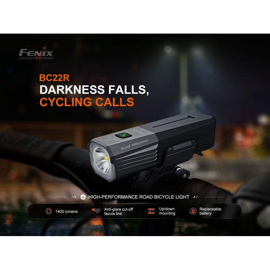 Fenix BC22R - Dæmpbar LED-genopladelig cykellygte, LED/USB, 3400 mAh, IP66, 1400 lm, 41 h, sort