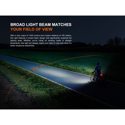 Fenix BC22R - Dæmpbar LED-genopladelig cykellygte, LED/USB, 3400 mAh, IP66, 1400 lm, 41 h, sort