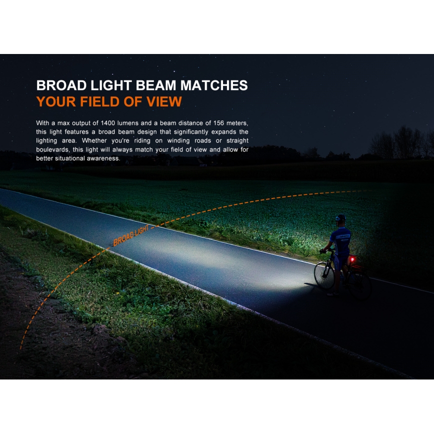 Fenix BC22R - Dæmpbar LED-genopladelig cykellygte, LED/USB, 3400 mAh, IP66, 1400 lm, 41 h, sort