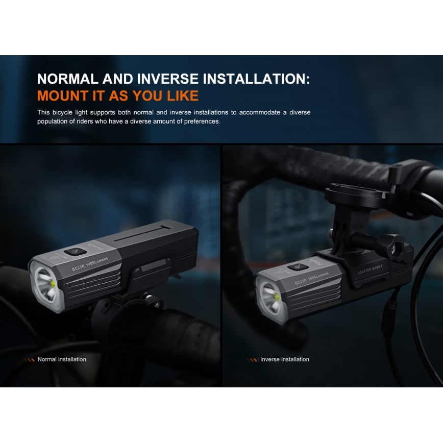 Fenix BC22R - Dæmpbar LED-genopladelig cykellygte, LED/USB, 3400 mAh, IP66, 1400 lm, 41 h, sort