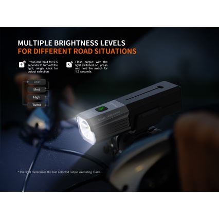 Fenix BC22R - Dæmpbar LED-genopladelig cykellygte, LED/USB, 3400 mAh, IP66, 1400 lm, 41 h, sort