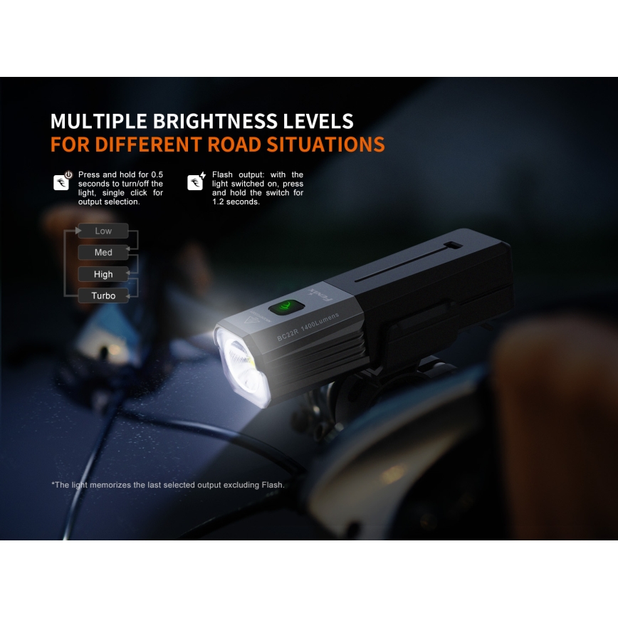 Fenix BC22R - Dæmpbar LED-genopladelig cykellygte, LED/USB, 3400 mAh, IP66, 1400 lm, 41 h, sort