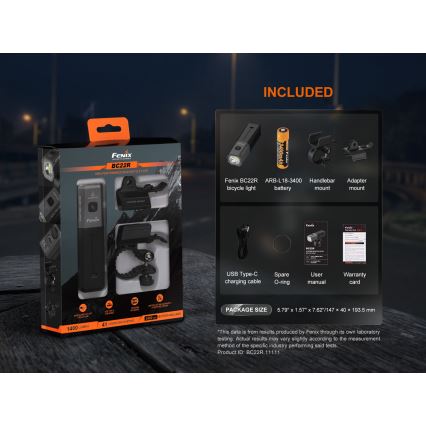 Fenix BC22R - Dæmpbar LED-genopladelig cykellygte, LED/USB, 3400 mAh, IP66, 1400 lm, 41 h, sort
