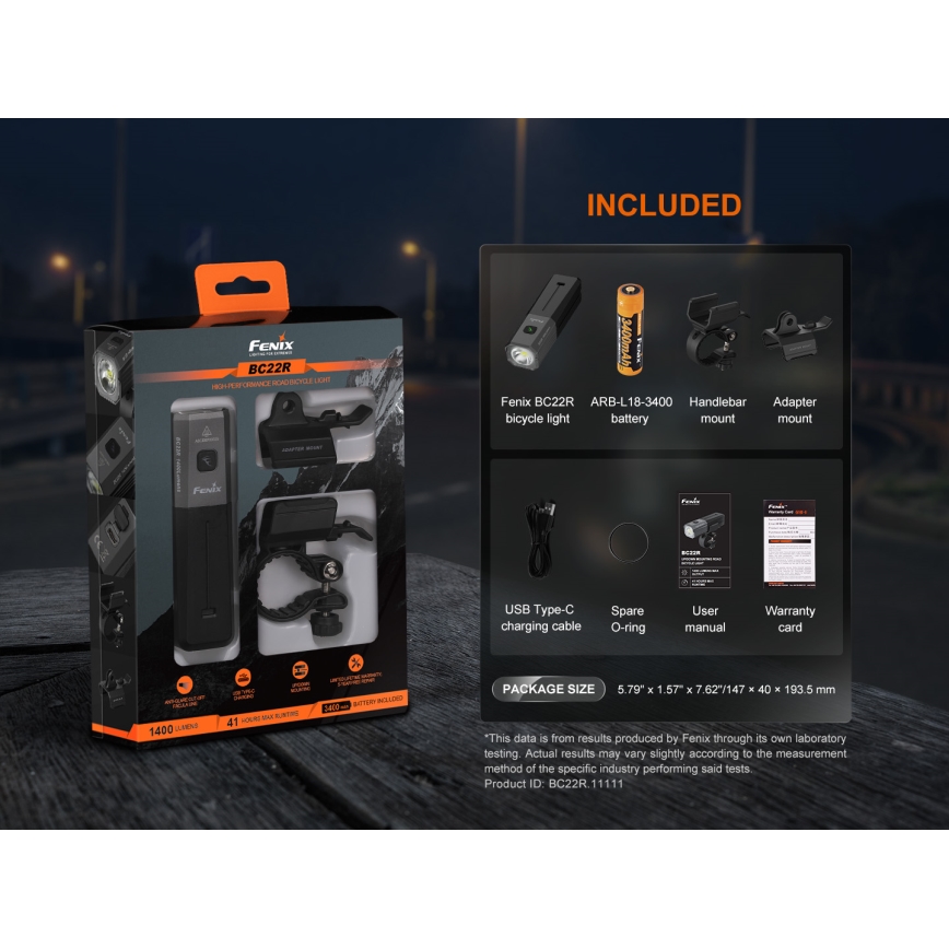 Fenix BC22R - Dæmpbar LED-genopladelig cykellygte, LED/USB, 3400 mAh, IP66, 1400 lm, 41 h, sort