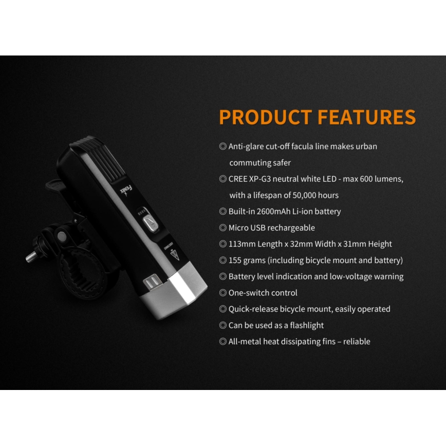 Fenix BC25R - LED cykellygte genopladelig LED/USB IP66 600 lm 36 timer