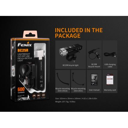 Fenix BC25R - LED cykellygte genopladelig LED/USB IP66 600 lm 36 timer