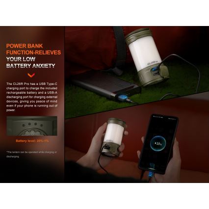 Fenix CL26RPROOLI - Bærbar LED lampe dæmpbar og genopladelig LED/USB IP66 650 lm 408 timer grøn