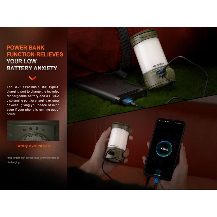 Fenix CL26RPROOLI - Bærbar LED lampe dæmpbar og genopladelig LED/USB IP66 650 lm 408 timer grøn