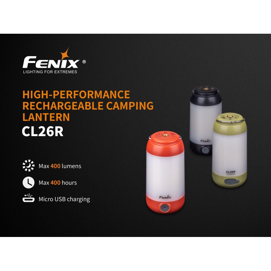 Fenix CL26RRED - Bærbar LED lampe dæmpbar og genopladelig LED/USB/2xCR123A IP66 400 skinnende 400 timer 2600 mAh orange