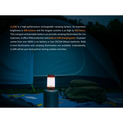 Fenix CL26RRED - Bærbar LED lampe dæmpbar og genopladelig LED/USB/2xCR123A IP66 400 skinnende 400 timer 2600 mAh orange
