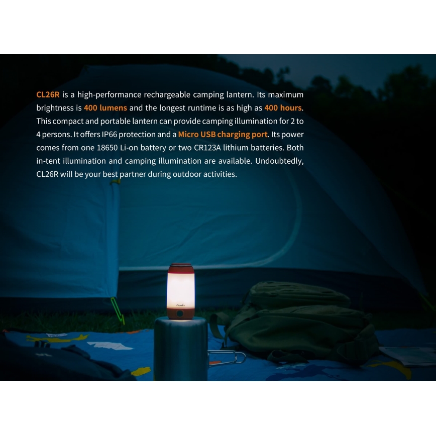 Fenix CL26RRED - Bærbar LED lampe dæmpbar og genopladelig LED/USB/2xCR123A IP66 400 skinnende 400 timer 2600 mAh orange